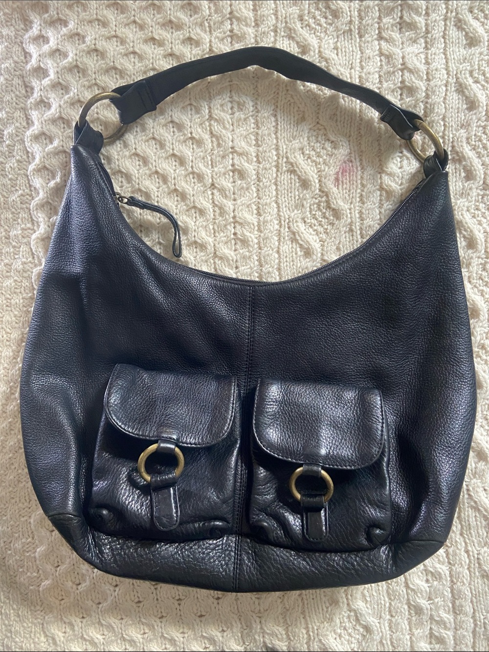 HOBO International Black Pebbled Leather Shoulder Hobo with Front Flap Pockets